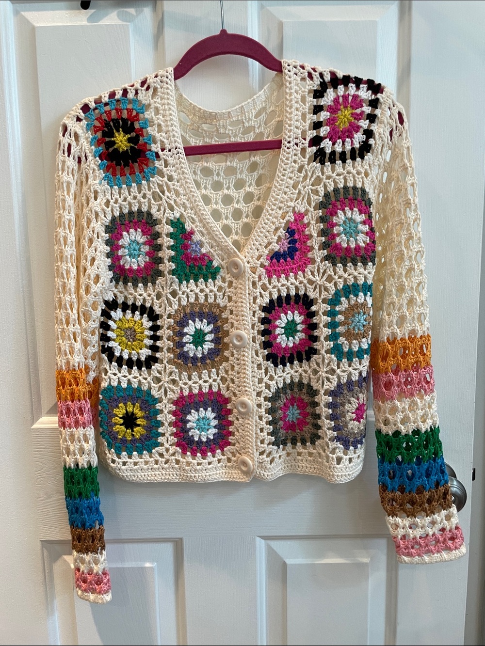 Crochet Openwork Semi-Cropped Cardigan in Cream with Multicolor Accents Size L
